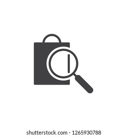 Product search vector icon. filled flat sign for mobile concept and web design. Magnifying glass shopping bag simple solid icon. Symbol, logo illustration. Pixel perfect vector graphics