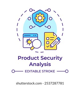 Icono de concepto multicolor de análisis de seguridad de Producto. Aplicación de ingeniería inversa. Evaluar las vulnerabilidades. Ilustración de línea de forma redonda. Abstractas idea. Diseño gráfico. Fácil de usar en el artículo