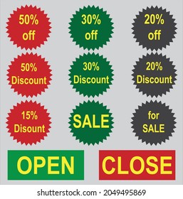 Product selling labels, marketing metrial banner, 50,30,20,10 % sale and discount labels shop products selling board types icon bundle