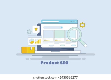 Product SEO, Product with customer rating displayed on the search engine result page, eCommerce SEO with data analytics, graph and chart - vector illustration background with icons