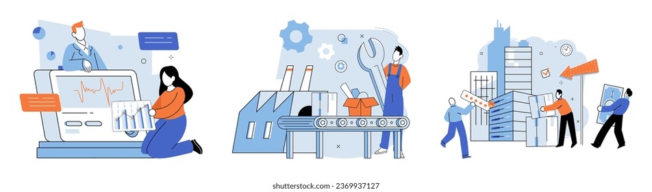 Product to service model. Vector illustration. Different occupations contribute to successful production and delivery products and services Performance evaluation helps identify areas for improvement