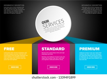 Product / service price comparison cards with description and icons - dark version