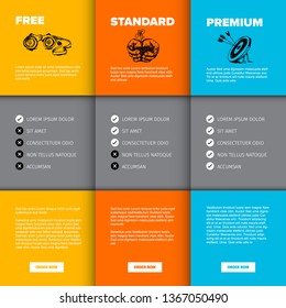 Product / service price comparison table with content squares and nice illustrations - orange blue square version