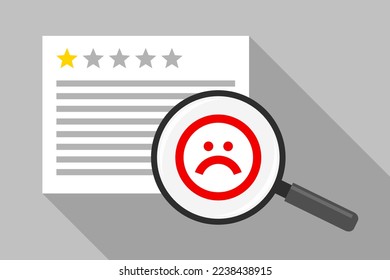 Product or service quality review marked with one star rating, magnifying glass with red dissatisfied face icon. Concept of negative client feedback, bad comment, unpleasant customer experience