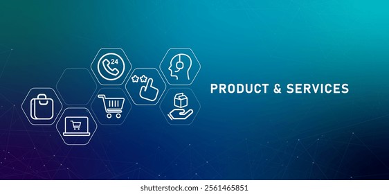 Product and services header company goods sold retail information market shopping design icons gradient background with icon