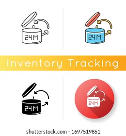 Product shelf life icon. Cosmetics expiration date, merchandise safe use and consumption period. Open lid packaging. Linear, black and RGB color styles. Isolated vector illustrations