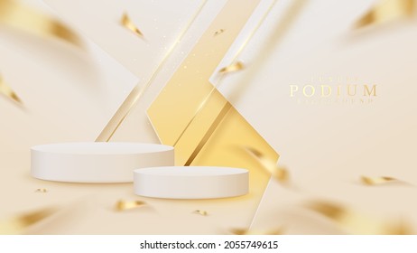 Product show podium with sparkle golden diagonal line and blurred ribbon elements, 3d realistic luxury style background.