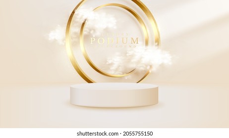 Product show podium with sparkle golden circle ring lines and clouds elements, 3d realistic luxury style background.