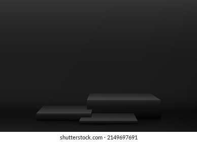 Product showcase with black stand podium on dark room background. Use as montage for product display