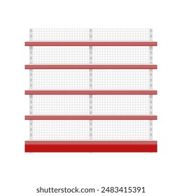 Product showcase with grid. Product display racks for selling. Empty shelves, template, mockup, planogram, red, realistic, supermarket, vector