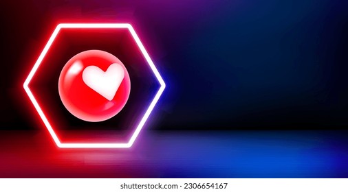 Product showcase and shining neon frame with heart sign. 3d vector banner with copy space