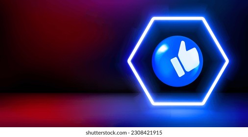 Product showcase and shining neon frame with thumbs up sign. 3d vector banner with copy space