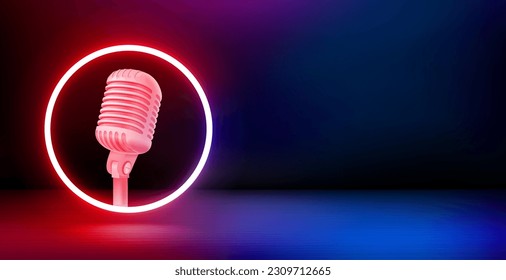 Produktpräsentation und glänzender Neonrahmen mit Mikrofon. 3D-Vektorbanner mit Kopienraum