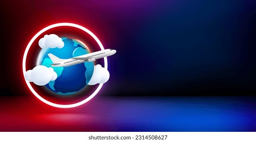 Product showcase and shining neon frame with sale sign. 3d vector banner with copy space. Tyravel concept