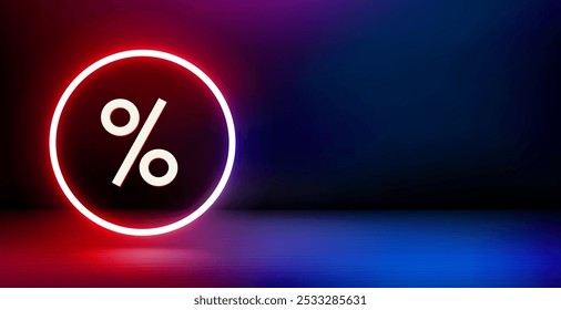 Product showcase and shining neon frame with sale sign. 3d vector banner with copy space