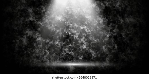 Escaparate del Producto con el proyector. Fondo negro de la habitación del estudio. Uso como montaje para la exhibición del producto. Pared negra en blanco Abstractas del hormigón y sitio del estudio con el humo que flota en la tela interior 
