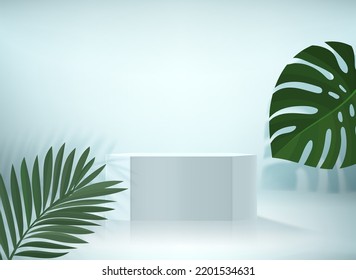 Product showcase with summer leaves. 3d vector mockup podium