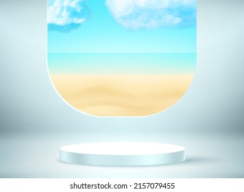 Product Showcase with the window and paradise landscape. 3d vector mockup with circle stage