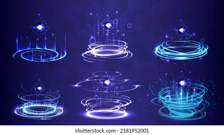 Product showing base. Neon lighting circle base. Portal and hologram science futuristic. Sci-fi digital in glowing display. Magic gate in game fantasy. Teleport podium