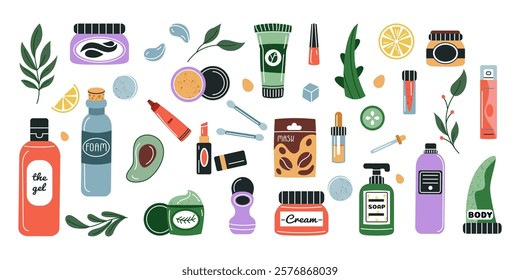 Product skincare. Beauty skin care lotion, organic shampoo. Flat doodle spa icon, bottle, oil, toothpaste. Eco-friendly body collection. Bathroom natural soap, Vector tidy cartoon isolated minimal set