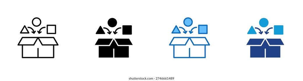 Product Sorting Multiple Style Icon Design Vector - Open box with different shapes entering representing product sorting process, warehouse classification, and inventory organization