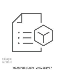 Icono de especificación de Producto. Estilo de contorno simple. Documentación de Tecnología, técnica, estándares, código, cubo, concepto de tecnología. Símbolo de línea fina. Ilustración vectorial aislada. Trazo editable.