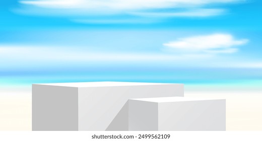 Product stand on the ocean beach landscape. White square podium for product presentation on background of blue sky. 
