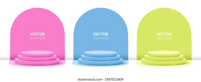 Product stands in pink, blue and green colors. 3D render vector mock up. Minimalistic clean background.