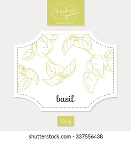 Product sticker with hand drawn basil leaves. Spicy herbs packaging design. Food label template. Vector illustration