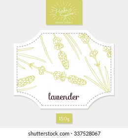 Product sticker with hand drawn lavender leaves and flowers. Spicy herbs packaging design. Food label template. Vector illustration