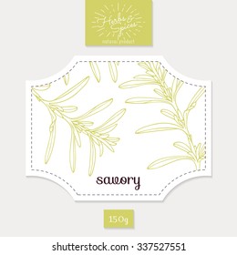 Product sticker with hand drawn savory leaves. Spicy herbs packaging design. Food label template. Vector illustration