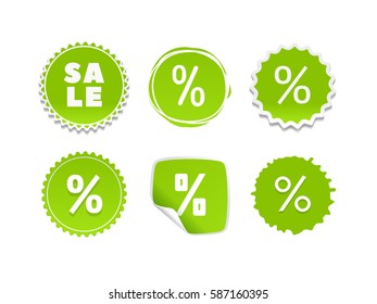 Product stickers set with sale offer. Color splash label, tag, badge, icon & percent, %. The best prise vector banner for web store. Promotional corner located element. Accent promotion flyer, design 