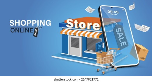 Product store on mobile.Online store in mobile. Online shopping design concept through mobile application.The smartphone is in front of the store and all the shopping cart are on a blue background.