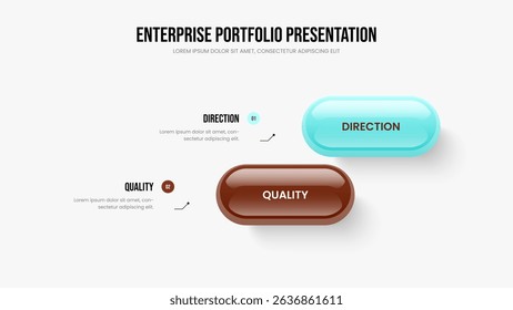 Product Strategy 2 Element Diagram Slideshow Design. Creative Planning Two Step Infographic Slide Layout. Consulting Profile Frame Template Vector Illustration.