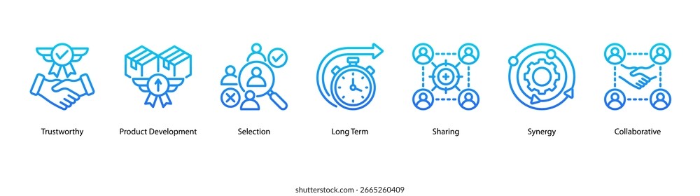 Estrategia de Producto Ilustración vectorial de íconos de Anuncio de Web con Trustworthy, Desarrollo de productos, Selección, Largo plazo, Compartir, Sinergia y Colaboración.