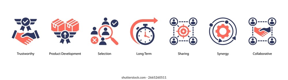 Product Strategy web banner icon vector illustration featuring Trustworthy, Product Development, Selection, Long Term, Sharing, Synergy, and Collaborative.