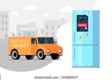 Product subscribe and delivery by van service concept. Fridge with subscription online shopping goods app from supermarket. Track driving food from grocery store over city vector illustration
