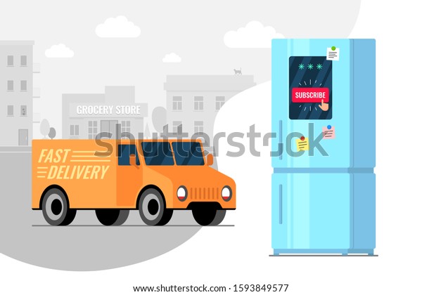 Product subscribe and delivery by van\
service concept. Fridge with subscription online shopping goods app\
from supermarket. Track driving food from grocery store over city\
vector illustration