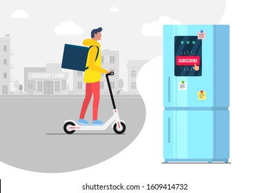 Product subscribe ordering and delivery by male on electric kick scooter service concept. Fridge with subscription online shopping goods app in supermarket. Man shipping food from grocery store vector