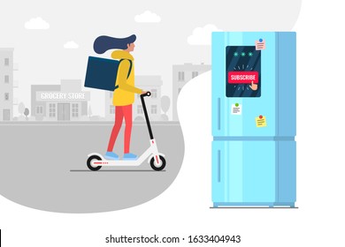 Product subscribe ordering and delivery by female on electric kick scooter service concept. Subscription online shopping goods app from supermarket. Girl shipping food from grocery store flat vector
