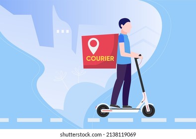 Product subscribe ordering and delivery by male on electric kick scooter service concept. Fridge with subscription online shopping goods app in supermarket. Man shipping food
