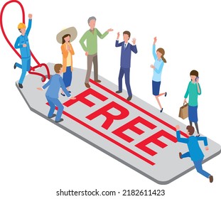 Product tags labeled FREE and people who rejoice