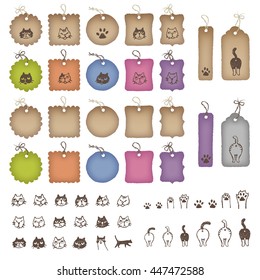 Product tags in various shapes and color with cat illustration
