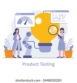 Concepto de prueba de Producto. Los ingenieros examinan la eficiencia y la funcionalidad, garantizando la fiabilidad a través de procedimientos de control de calidad meticulosos. Ilustración vectorial.