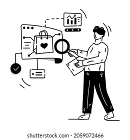 Product testing hand drawn illustration, editable vector 