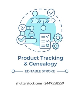 Product tracking and genealogy soft blue concept icon. Traceability manufacturing. Task accomplishment. Round shape line illustration. Abstract idea. Graphic design. Easy to use in infographic