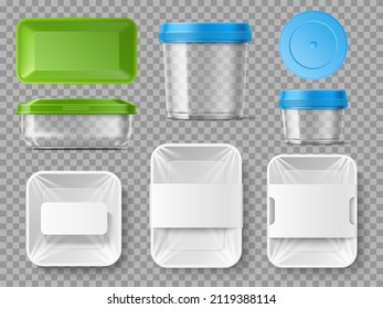 Product tray containers. Realistic food plastic packaging mockup. Protective polyethylene and blank paper labels. 3D package for branding. Empty jars with lids. Vector