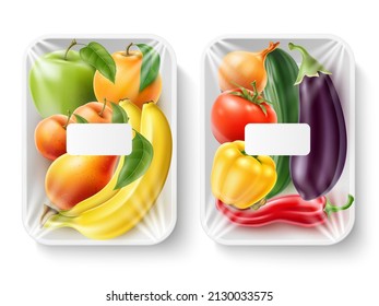 Product trays with fruits and vegetables. Realistic plastic food packaging wrapping by transparent film. 3D mockup with sticked labels. Square packages. Vector isolated