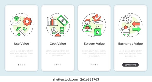 Product value types onboarding mobile app screen. Customer experience. Walkthrough 5 steps editable graphic instructions with linear concepts. UI, UX, GUI