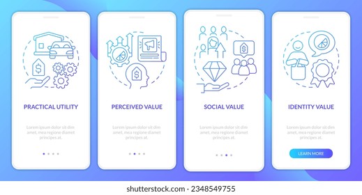 Product values blue gradient onboarding mobile app screen. Business walkthrough 4 steps graphic instructions with linear concepts. UI, UX, GUI template. Myriad Pro-Bold, Regular fonts used